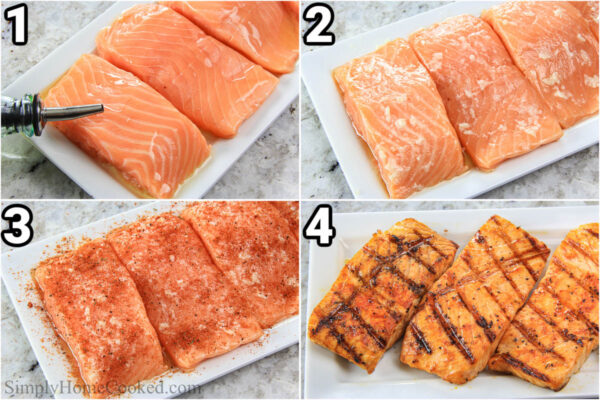 Étapes pour préparer du Saumon à l'ananas : huiler les filets de saumon, puis les couvrir d'ail et de mélange d'épices pour saumon, puis les griller.