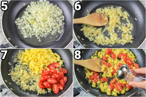 Étapes pour préparer du Saumon à l'ananas : préparer le topping à l'ananas en faisant sauter les oignons, puis l'ananas et les tomates cerises, et enfin en ajoutant les assaisonnements.