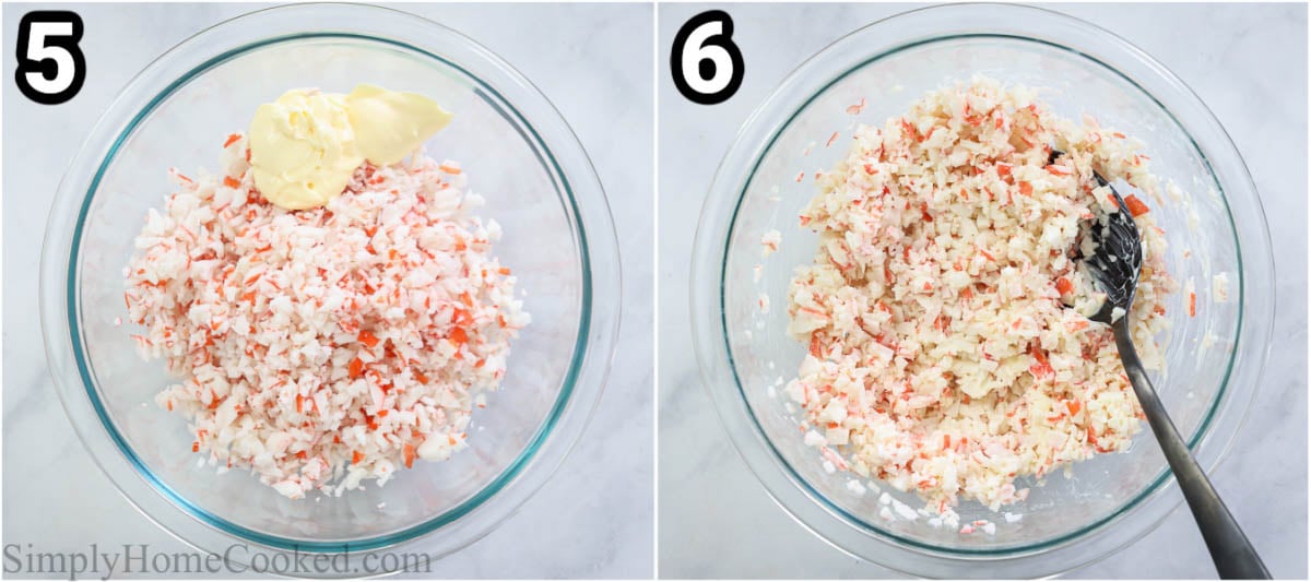 Steps to create Salmon Skin Roll: mixing shredded imitation crab with Japanese mayo using a fork in a bowl.