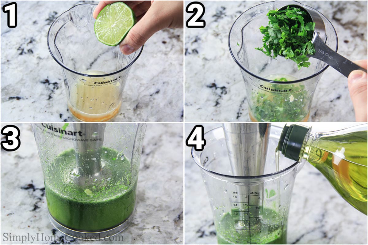 Étapes pour faire la Vinaigrette au Citron Vert et Coriandre : ajoutez le miel, le vinaigre, l'ail et le jus de citron à un récipient, puis ajoutez grossièrement de la coriandre, utilisez ensuite un mixeur plongeant pour mélanger le tout et ajoutez lentement l'huile.