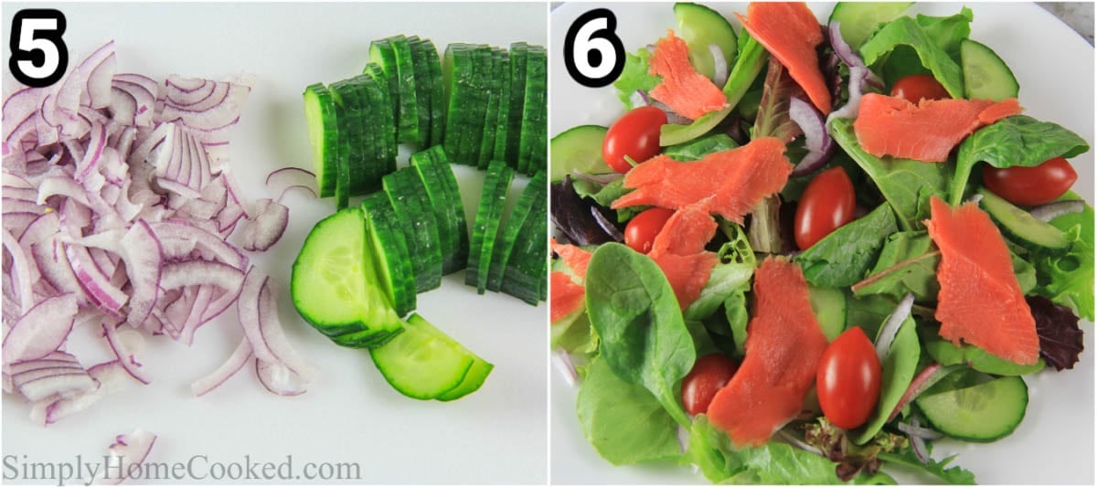 Étapes pour réaliser la Salade de Saumon Fumé : coupez le concombre et l'oignon, puis assemblez la salade avec les pousses mélangées, les tomates cerises et le saumon fumé.
