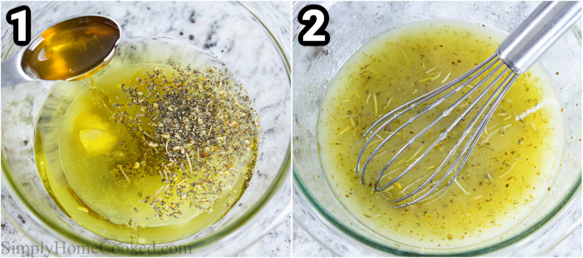 Make the dressing by mixing together the vinegar, oil, and seasonings, then adding the honey and whisking.