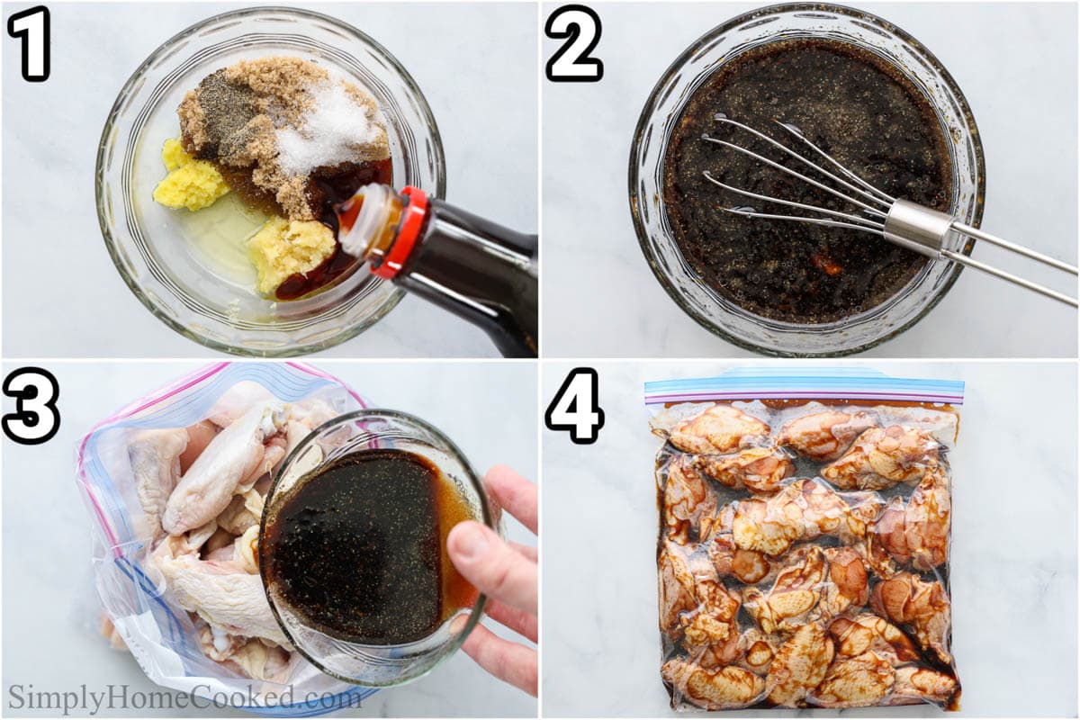Steps to create Chicken Wings in Teriyaki Sauce: prepare the marinade by blending oil, seasoning, soya sauce, garlic, ginger, and brown sugar together with a whisk, then add it to a ziplock bag with the chicken and allow it to marinate.