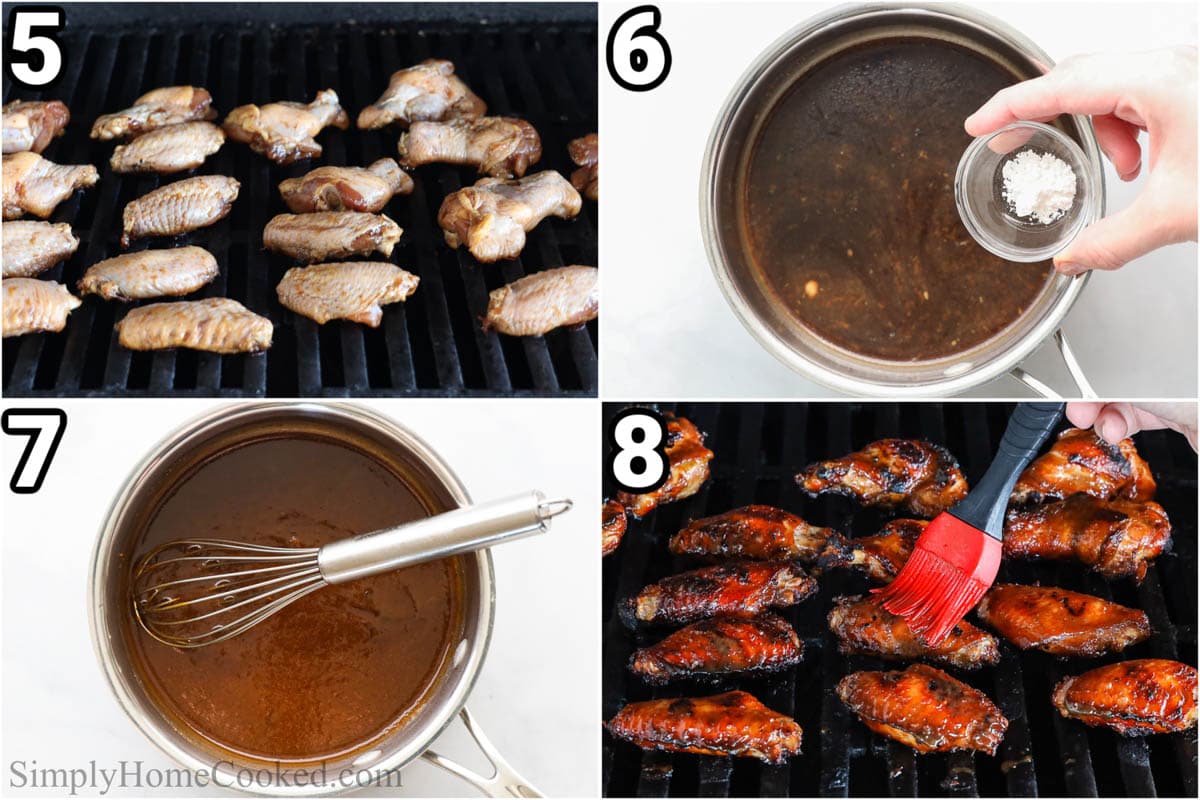 Steps to craft Chicken Wings in Teriyaki Sauce: grill the chicken wings, then mix cornflour into the marinade and simmer to thicken, and ultimately brush it onto the chicken wings on the grill.