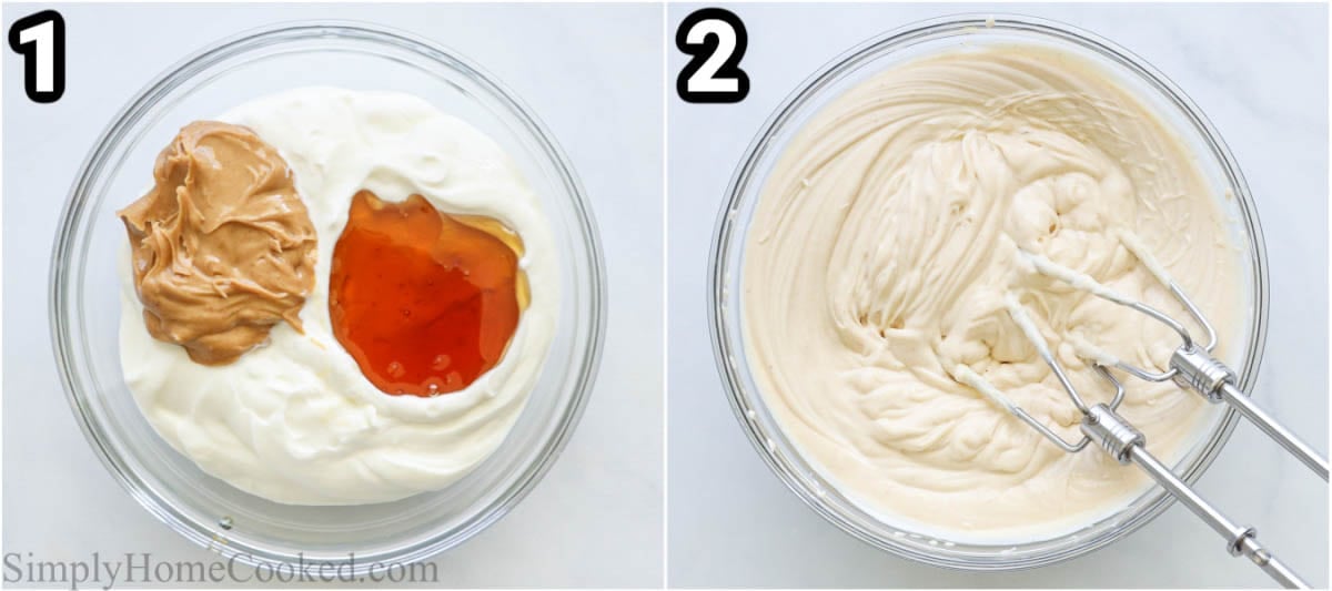 Steps to make Groundnut Butter Yogurt Dip: add honey, yogurt, and groundnut butter to a bowl and mix with an electric hand mixer.