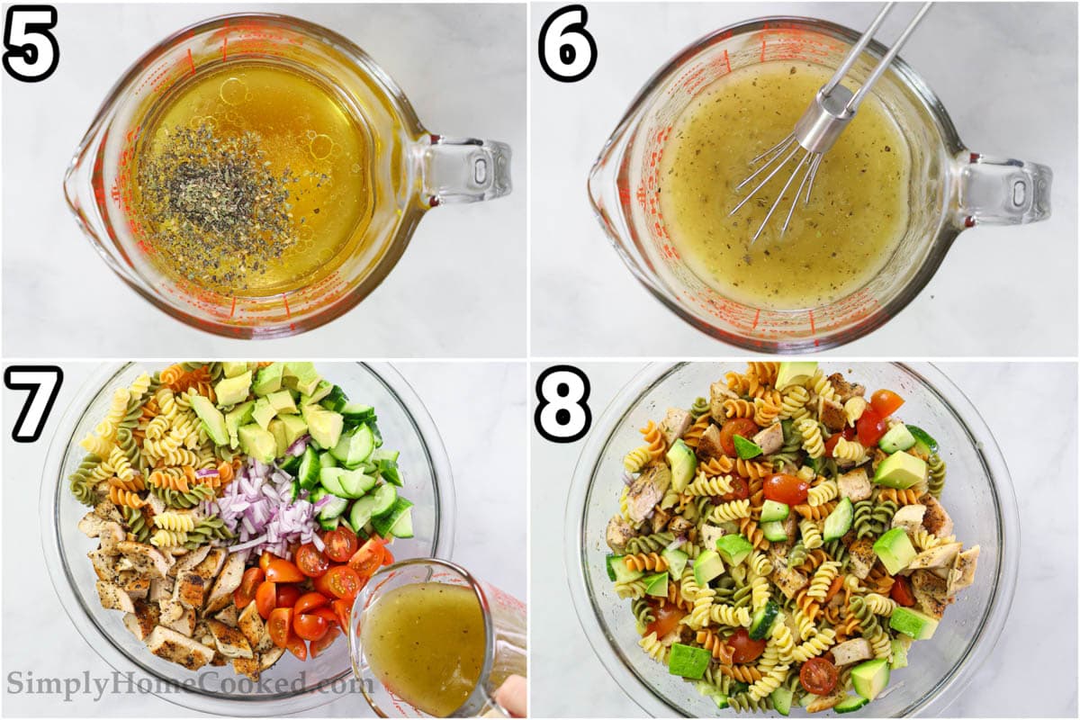 Steps to make Poultry Noodle Salad: combine the oil, vinegar, honey, lemon juice, water, Italian spices, and salt in a measuring cup with a whisk, then add the avocado, chicken, pasta, onion, and tomatoes to a bowl and toss with dressing.