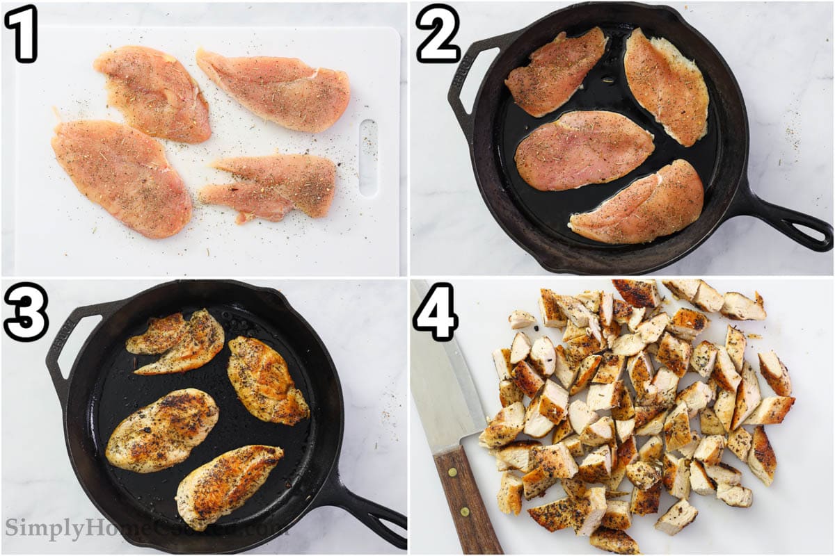 Steps to make Poultry Noodle Salad: season the poultry and then cook it in a cast iron pan before chopping it into bite sized pieces.