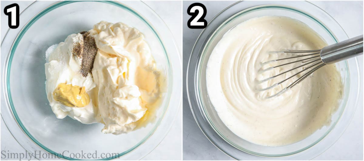 If you're looking for an easy side dish to make, this Traditional Pasta Salad with Creamy Sauce is perfect. It's simple and easy and is so flavorful. #homemadeclassicpastasalad #sidedishrecipe #bestclassicpastasalad #easypastasaladrecipe Process of making Pasta Salad with Creamy Sauce: combine the mayo, sour cream, dijon mustard, salt, and pepper together with a whisk.