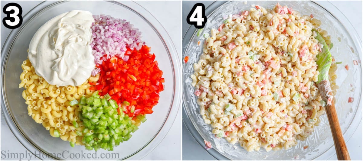 This Traditional Pasta Salad with Creamy Sauce is so easy to make. It is even possible to prepare it a day ahead to save time during busy evenings. #easycreamypastasalad #makeaheadpoastasalas #makeaheadsides #mealpreppastasalad Process of making Pasta Salad with Creamy Sauce: combine the dressing with the diced red pepper, onion, and celery, and elbow macaroni.