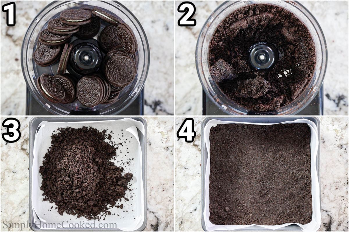 Steps to make No-bake Chocolaty Cheesecake Bars: grind the Oreos with melted butter in a food processor, then press them into a baking pan and bake to set.