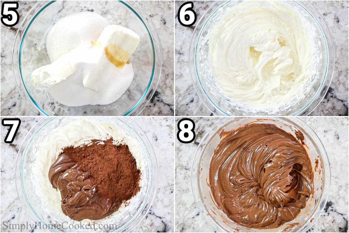 Steps to make No-bake Chocolaty Cheesecake Bars: combine the cream cheese, sugar, salt, melted chocolate chips, vanilla, and cocoa for the filling.