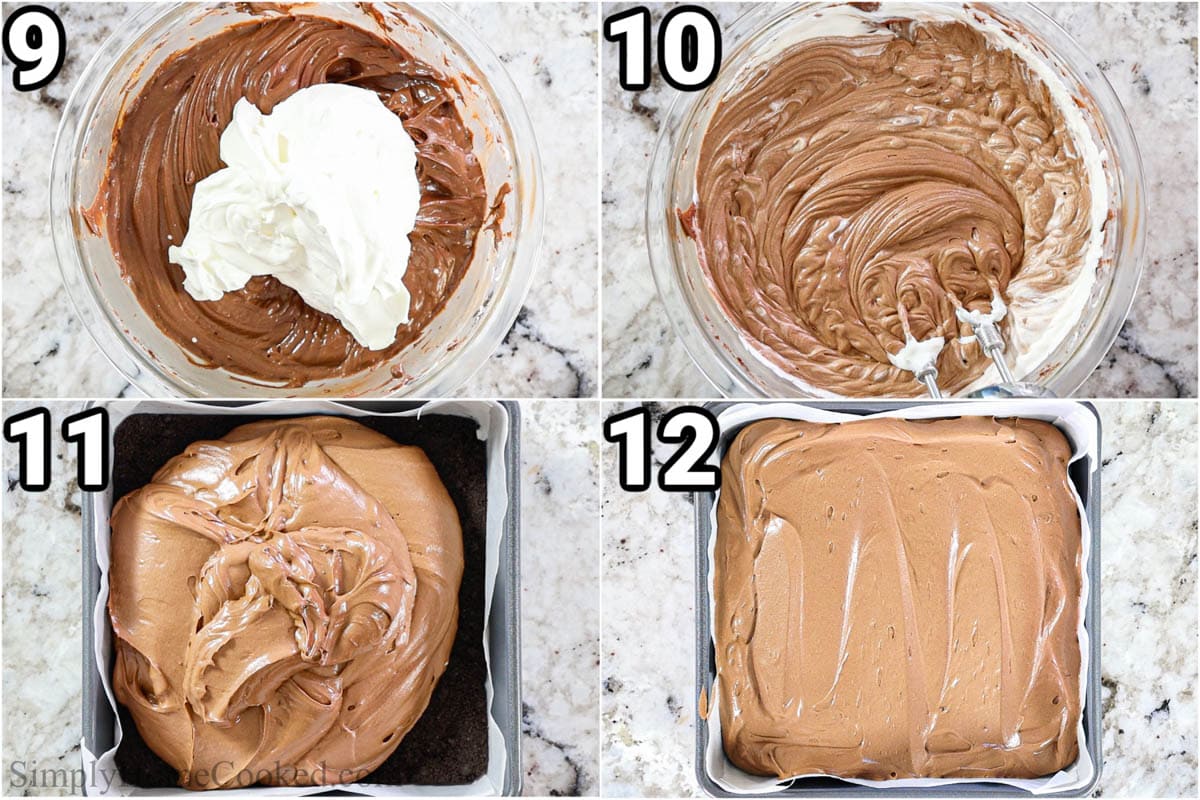 Steps to make No-bake Chocolaty Cheesecake Bars: whisk the heavy cream, then add it to the cheesecake filling and add it to the base, and finally set it in the fridge.