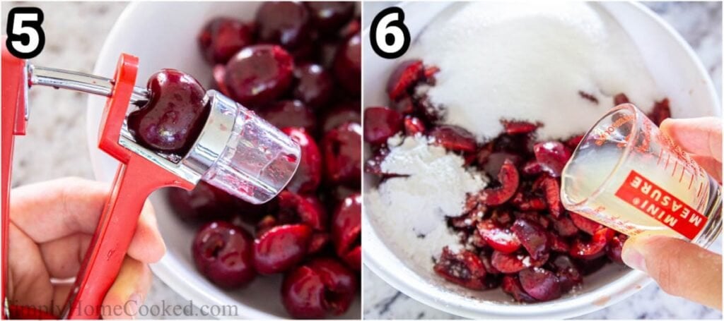 Steps to craft Cherry Pastry, including pitting the fresh cherries, halving them, and then mixing them with cornstarch, sugar, and lemon juice.