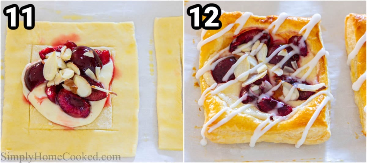 Stages to create Cherry Danish, including adding almond slices and baking, then topping them with a drizzle of glaze.