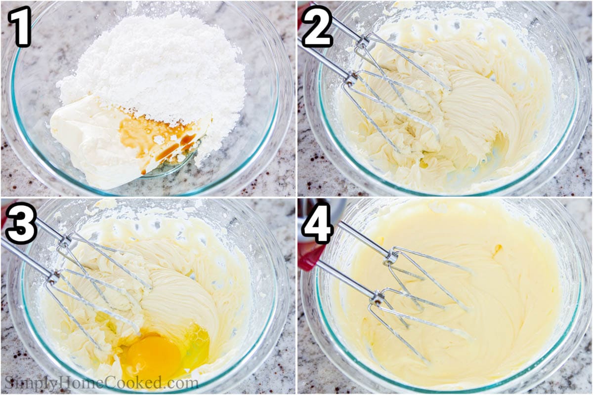 Steps to craft Cherry Pastry, including blending the mascarpone filling in a large bowl with a hand mixer.