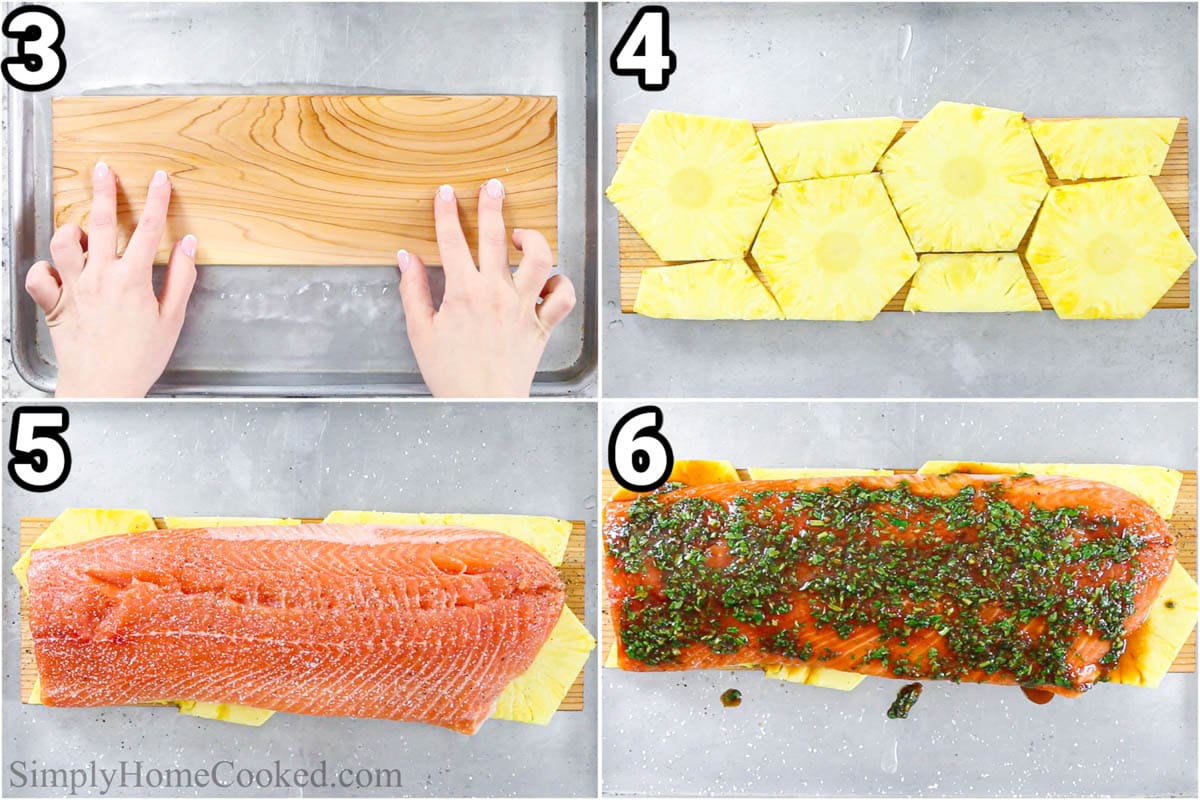 Steps to create Grilled Sweet Soy Salmon: soak the cedar planks, then layer on pineapple slices and the salmon, and coat with the marinade.