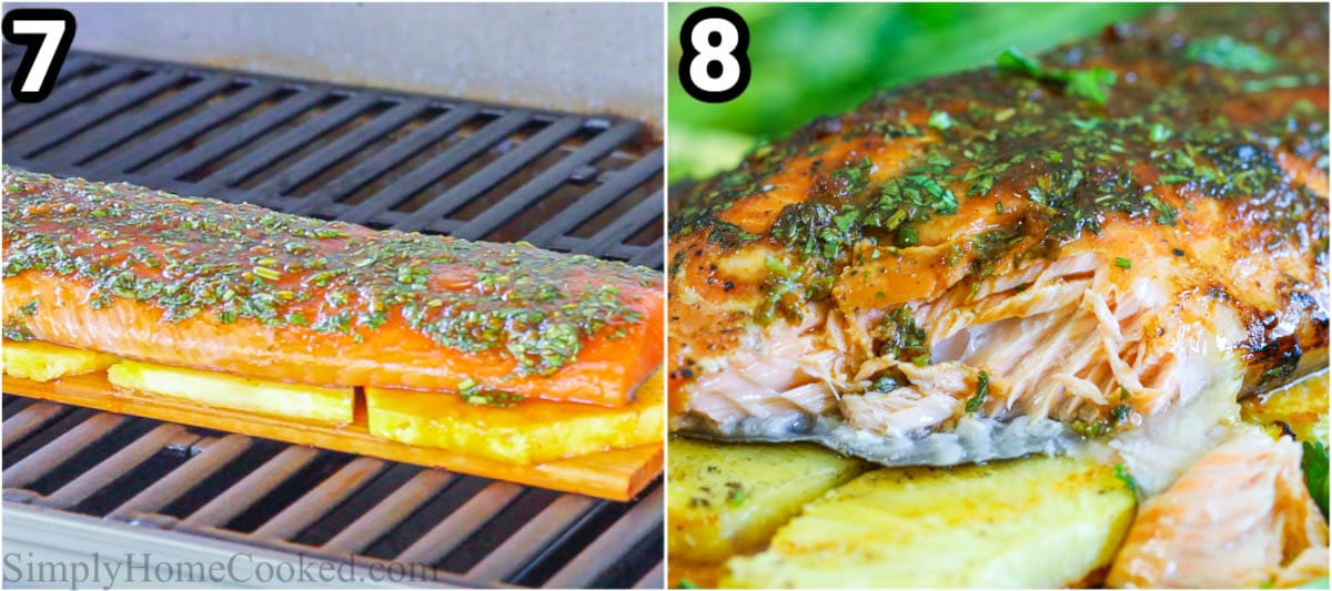 Steps to create Grilled Sweet Soy Salmon: grill the salmon on a bed of pineapple and cedar planks.
