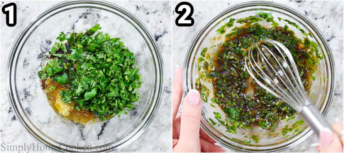 Steps to create Grilled Sweet Soy Salmon: Combine the pressed garlic, ginger, sriracha, olive oil, honey, soy sauce, and chopped cilantro in a bowl.