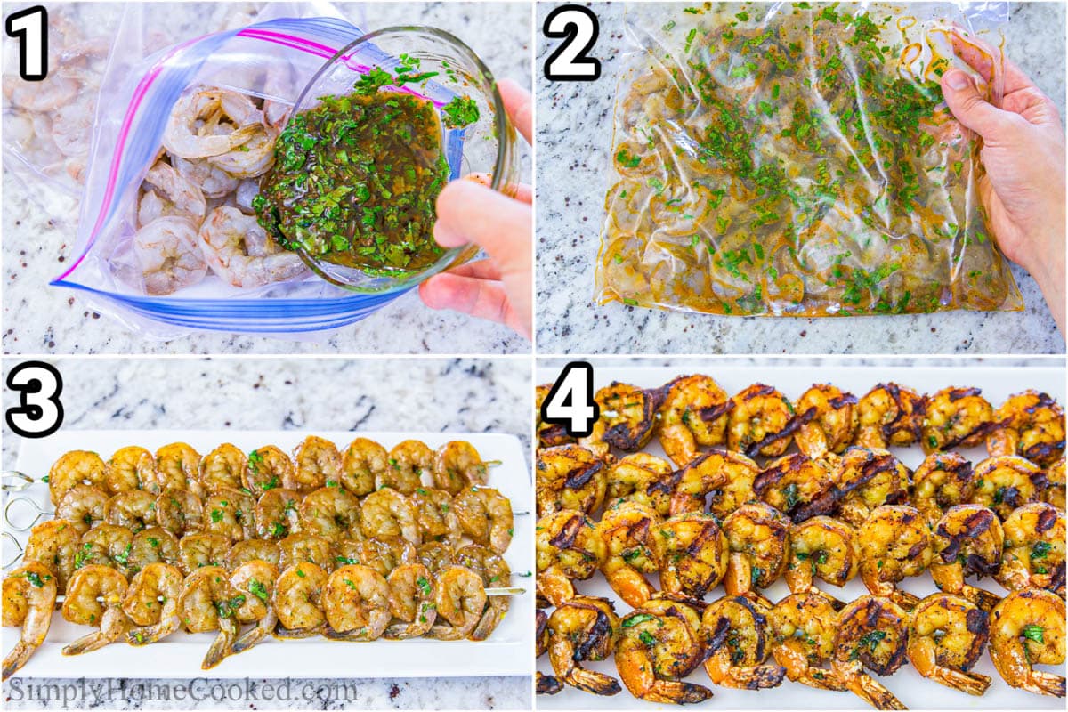 Grilled cilantro lime shrimp with tricolor quinoa and freshly chopped vegetables. This is a true summer delight that is fresh, healthy, and so delicious! #quinoa #shrimpbowls #summerfood #grilledshrimp #shrimprecipe #summerdinner #healthy #lowcarb Steps for making Shrimp Quinoa Bowl: combine olive oil, shredded garlic cloves, chopped cilantro, zest and juice of a lime, chili powder, black pepper, and salt in a ziplock bag and marinate the shrimp in it. Then put them on skewers and cook.