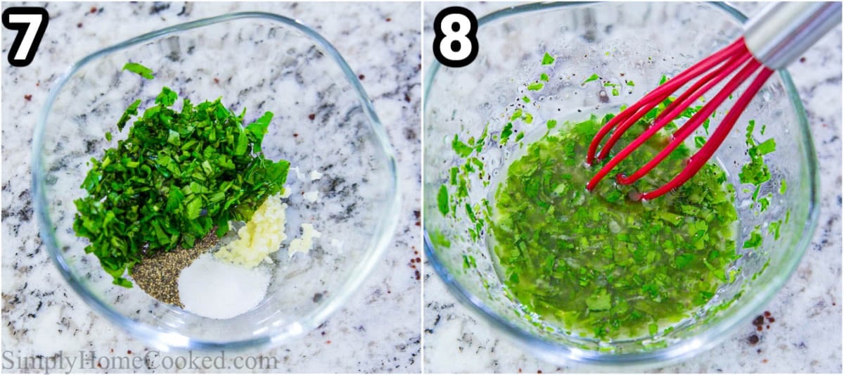 Steps for making Shrimp Quinoa Bowl: make the dressing by whisking together the olive oil, juice of a lime, shredded garlic clove, cilantro, black pepper, and salt.