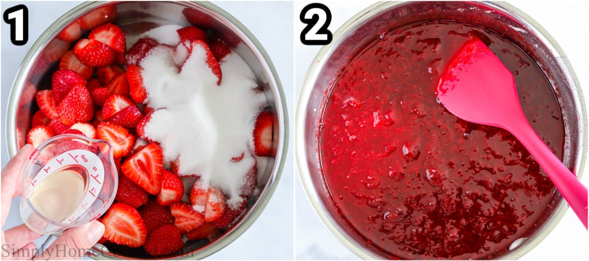 This delightful syrupy strawberry preserves is bursting with sweet summer flavor and filled with chunks of fresh ripe strawberries. Its the exclusive formula you will ever want! #strawberrypreserves #homemadepreserves #preserves #berrypreserves #preservesformula #toppreserves Stages to create 3-substance Strawberry Preserves: merge strawberries, sugar, and lemon juice in a pot and boil, then simmer, then boil, and simmer again for thickening.