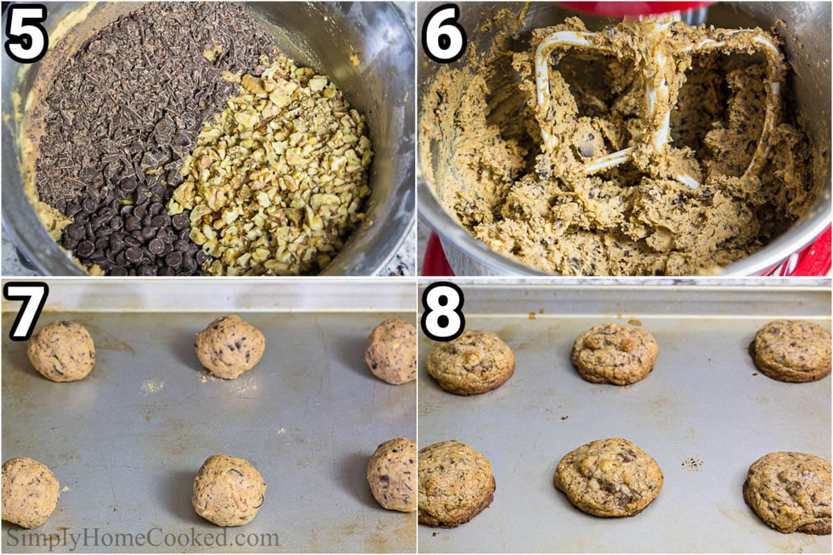 Steps to make Walnut Chocolate Chip Cookies: Incorporate the chocolate and walnuts into the dough and mix with a paddle attachment, then shape the cookies into balls and bake,