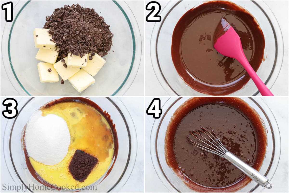 Steps to make Flourless Chocolate Cake: melt the butter and chocolate together, then add the vanilla, eggs, sugar, and espresso powder, and mix together.