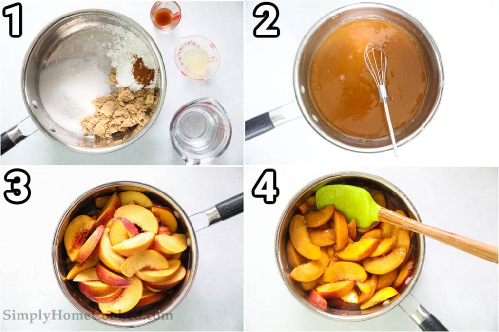 Steps to make Flawless Peach Pie: combine the sugar, brown sugar, cinnamon, lemon juice, cornstarch, vanilla, and water in a saucepan, whisk and then add the peach slices, stirring over heat until thickened.