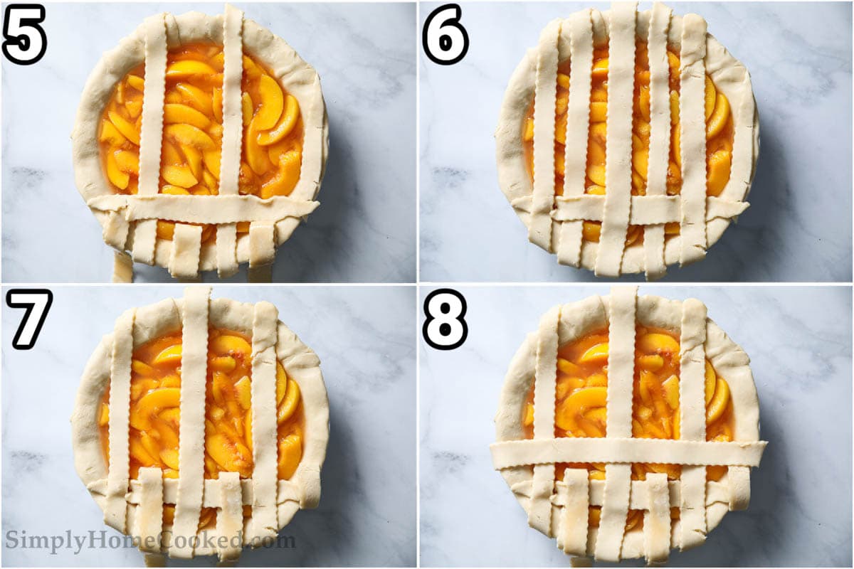 Steps to make Flawless Peach Pie: roll out the crust in a pie plate and then add the filling, topping with a crisscross lattice.