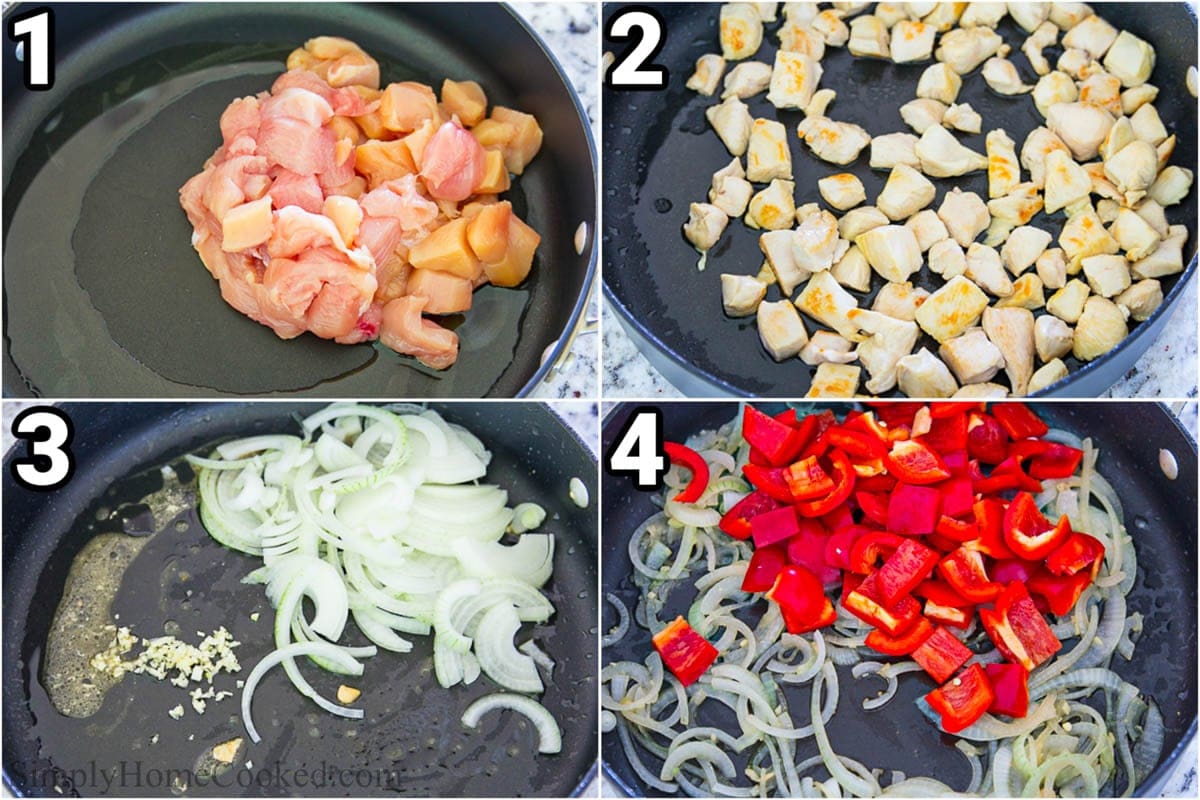 Steps to make Warm Broccoli Salad: cook the chicken, then sauté the onion, garlic, and bell pepper.