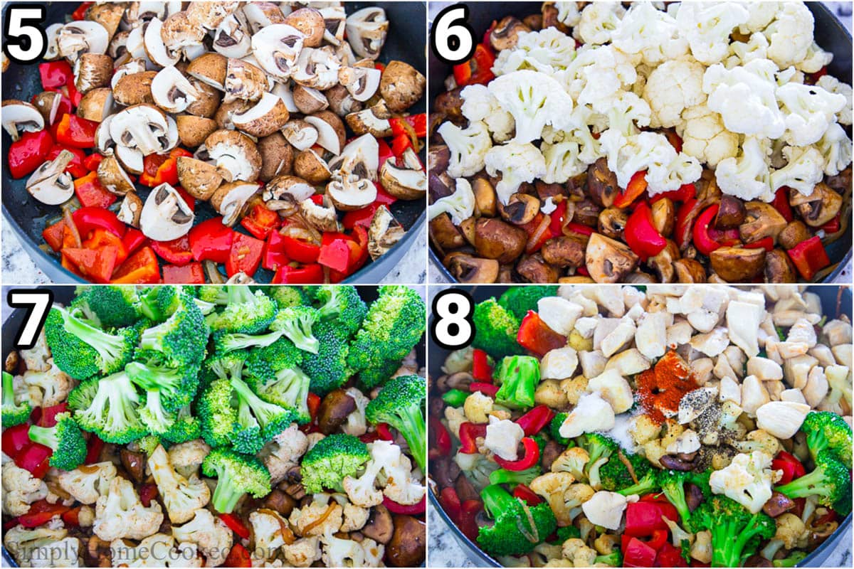 Steps to make Warm Broccoli Salad: sauté the mushrooms, then the cauliflower, and broccoli. Then combine with the chicken.