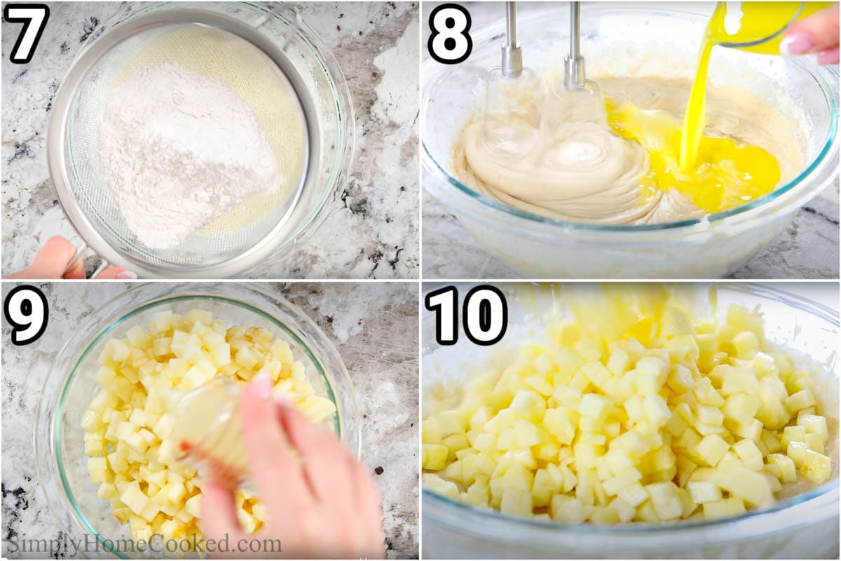 Steps to make Cinnamon Apple Muffins: sifting the dry ingredients into the batter, then adding melted butter. Chopping the apples, adding lemon juice, and then integrating them into the batter.