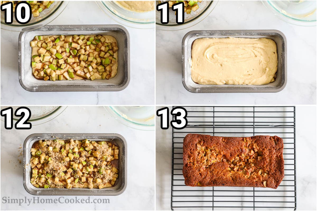 This Apple Fritter Bread is sweet, moist, and addictive. You won't be able to get enough of the moist, dense texture and sweet apple cinnamon flavors. #simplefallbread #bestfallapplefritterbread #applecinnamonbread #applecinnamonbreadrecipe Steps to make Apple Fritter Bread: place the batter in a mold pan and top with apple mixture, then add the rest of the batter, bake, top with more apples and then bake again.