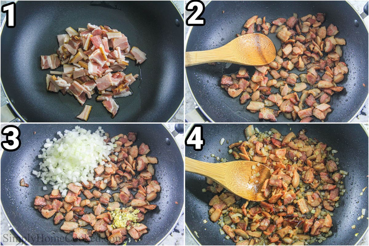 Sauteed garlicky verdant legume salad with smoky pork belly and cherry tomatoes. This formula is ensured to be a crowd pleaser at any gathering. #verdantlegumesalad #verdantlegumes #thanksgivingsalad #holidaysalad #christmassalad #porkbellysalad Steps to make Verdant Legume Salad with Pork Belly: chop the pork belly and onion and mince the garlic, cook the pork belly until crisp and then add the garlic and onion in.