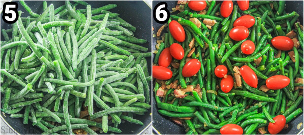 Steps to make Verdant Legume Salad with Pork Belly: add the frozen verdant legumes and stir, then add the tomatoes, salt, and pepper.