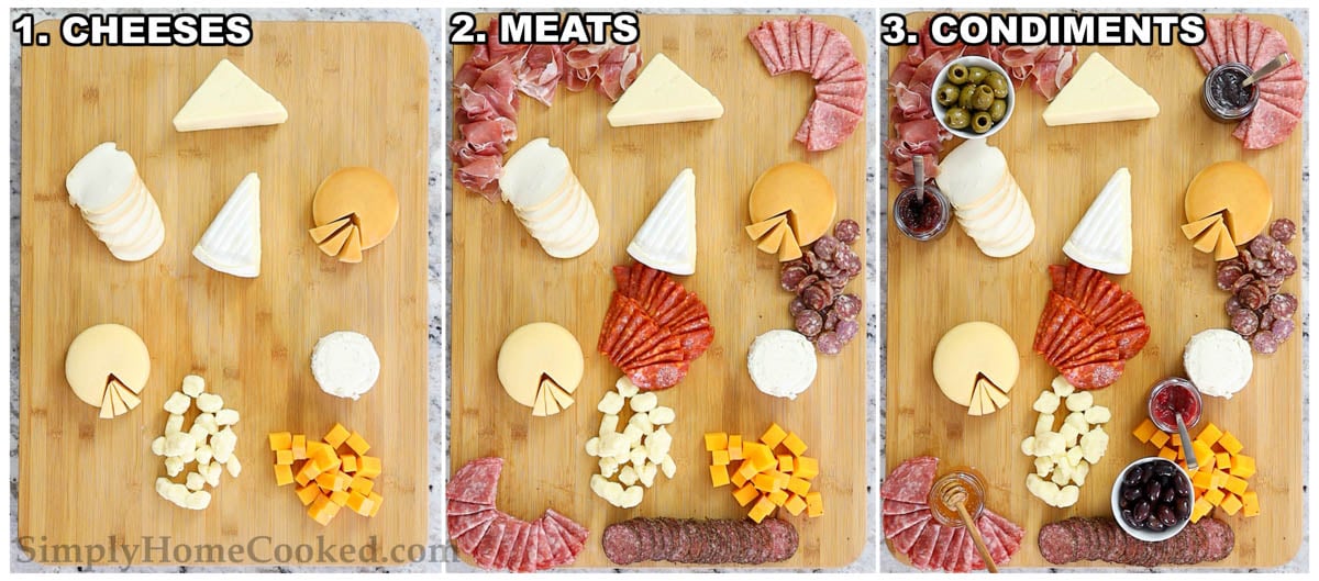 Étapes pour assembler une Planche de Charcuterie Ultime: ajoutez les fromages sur la planche, puis les viandes, et enfin les condiments.