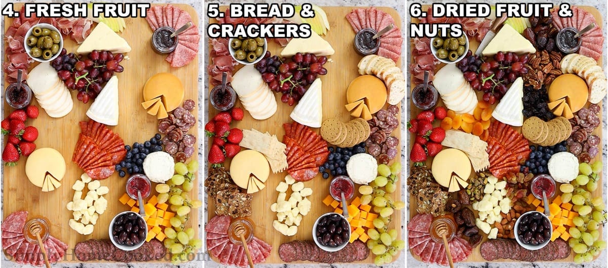 Étapes pour assembler une Planche de Charcuterie Ultime: Ajoutez les fruits frais, les pains et crackers, et enfin les fruits secs et noix.