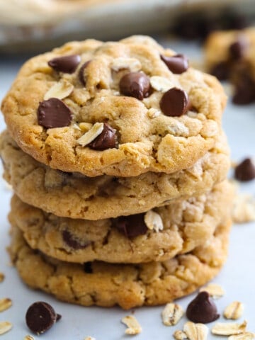 Stack of Gooey Cashew Butter Oatmeal Cookies with chocolate chips.