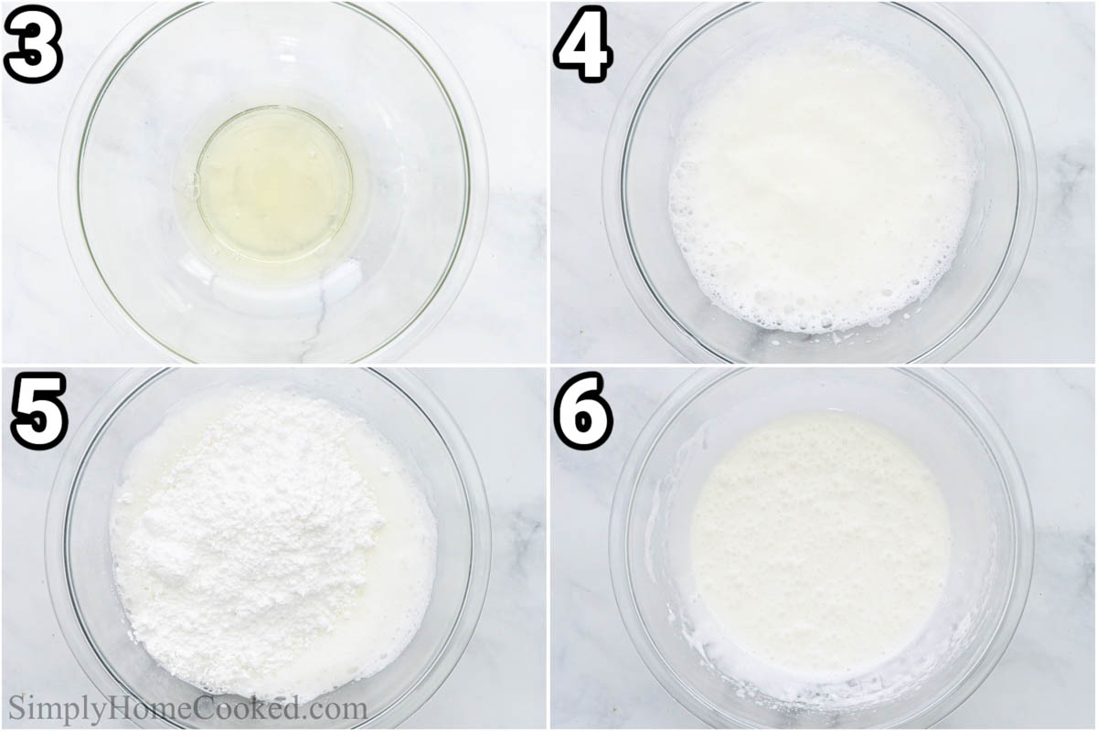 Instructions for making Flourless Chocolate Biscuits: whip the eggs and then add the powdered sugar and combine.