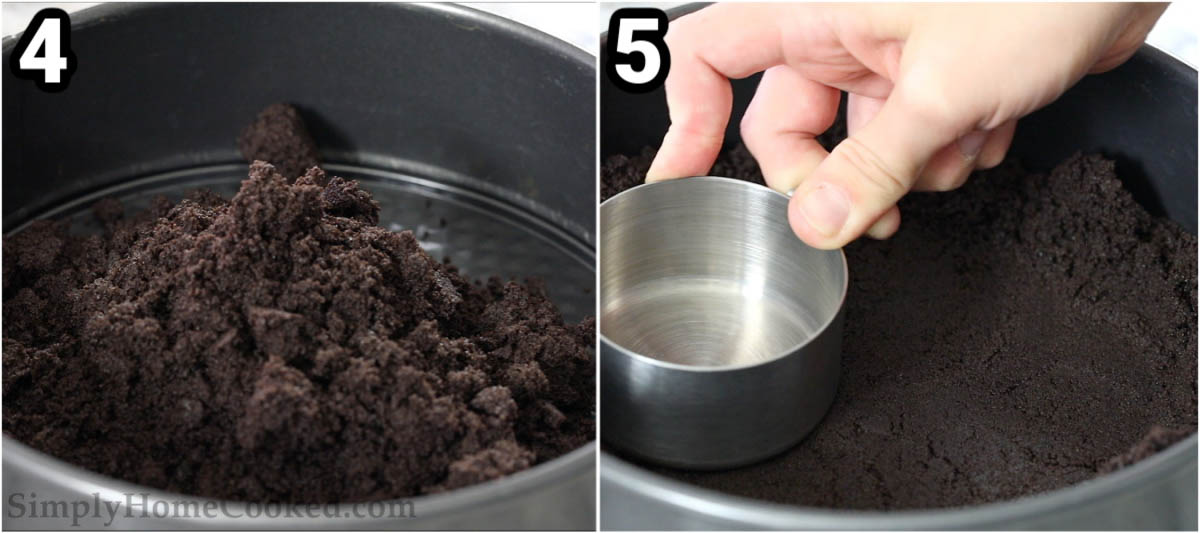 The Oreo crumble crust of this Simple Oreo Cheesecake is so good. Crunchy and sweet, it is the perfect complement to the rich and creamy Oreo cheese pie inside. #easyoreocheesecakecrust #oreocheesecakecrust #oreocrustforcheesecake #oreocheesecakecrustrecipe Steps to make Oreo Cheesecake: press the cookie crumb mixture down into a cake pan.