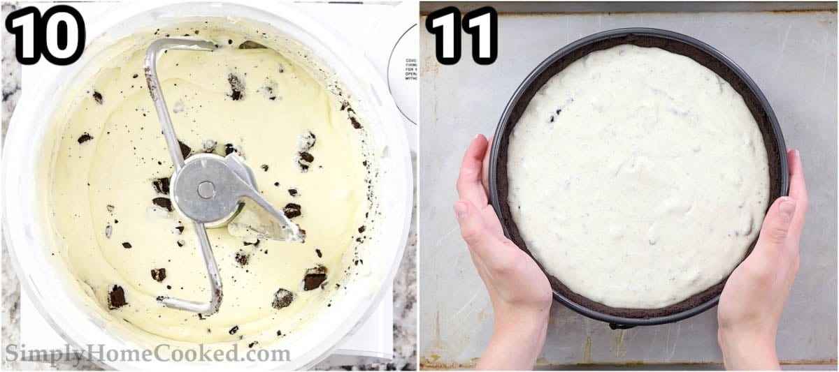 Vous allez adorer ce Cheesecake aux Oréos facile mais délicieux. C'est une recette facile à suivre, mais les résultats sont délicieusement riches et chocolatés. #meilleurcheesecakeauxoréos #meilleurerecettefaciledecheesecakeauxoréos #meilleurerecettecheesecakeauxoréos #meilleurerecettedecheesecake Étapes pour faire un cheesecake aux Oréos : cuire le cheesecake dans la croûte d'Oréo, puis le laisser reposer.