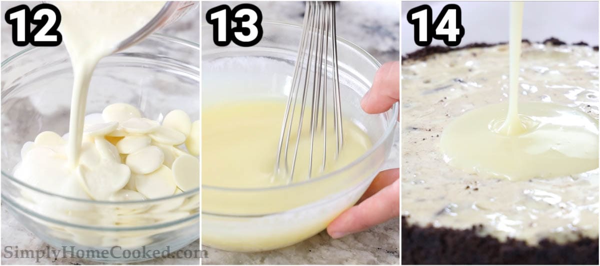 Ce Cheesecake aux Oréos facile est encore plus délicieux grâce à son dessus de ganache au chocolat blanc. Non seulement il le rend plus élégant, mais il a un goût incroyable ! #ganachechocolatblanc #recetteganachechocolatblanc #meilleurerecetteganachechocolatblanc #ganachechocolatblancsurcheesecakeauxoréos Étapes pour faire un cheesecake aux Oréos : faire la ganache au chocolat blanc en faisant fondre le chocolat blanc avec de la crème et ensuite l'ajouter au cheesecake aux Oréos.