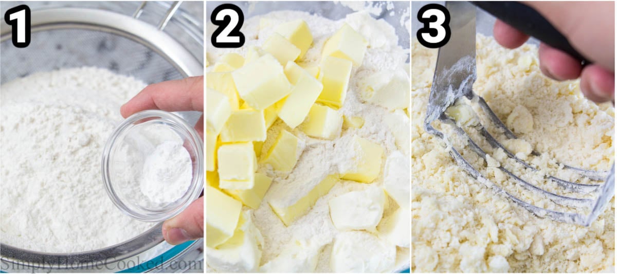 Steps to make Raspberry Jam Linzer Biscuits: sift the flour, salt, and baking powder together, then cut in the butter and cream cheese with a pastry cutter.