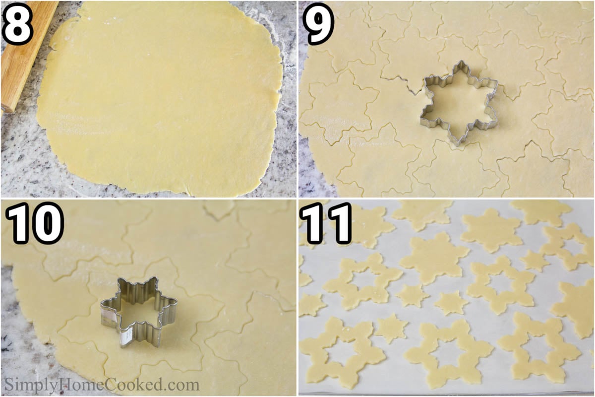 Steps to make Raspberry Jam Linzer Biscuits: roll out the dough, cut out the shapes, then roll it out again until the dough is all cut out.