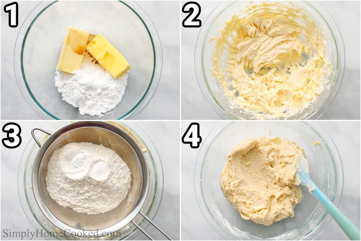 Steps to make Twix Biscuits: beat the butter, powdered sugar, and vanilla together, then sift in the flour and baking soda, then mix with a spatula.
