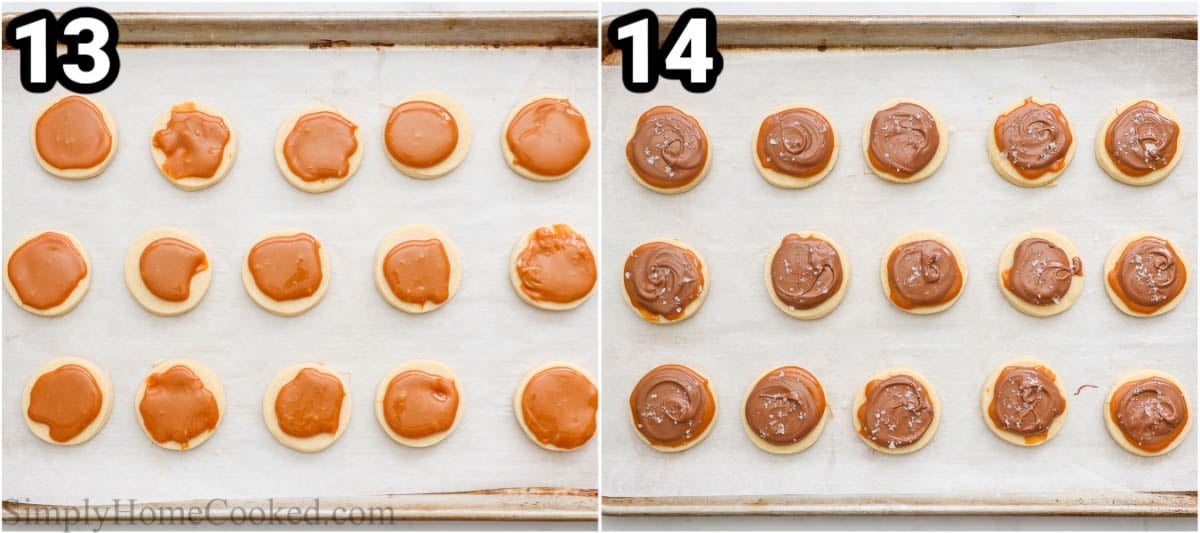 Steps to create Twix Cookies: crown the cookies with caramel then chocolate and salt.