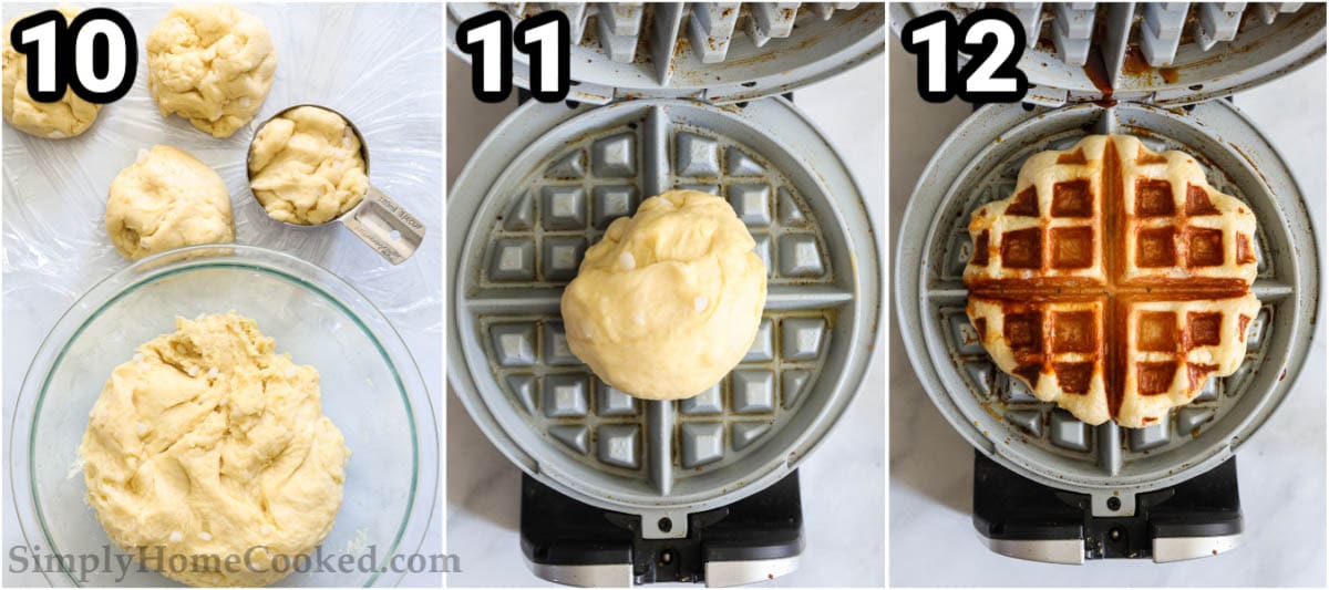 Steps to create Belgian Liege Waffles: divide the waffle mixture and bake it until golden brown in a waffle maker.