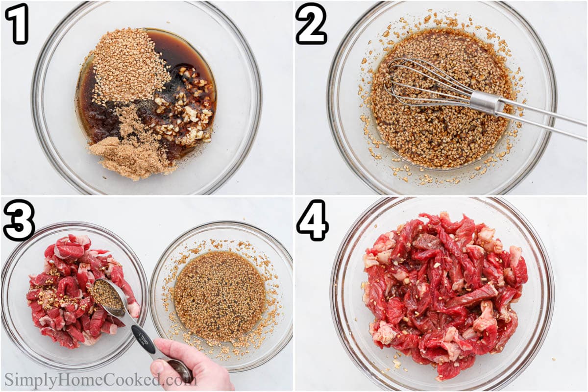 Steps to make Simple Japchae: prepare the marinade/sauce with soy sauce, brown sugar, sesame oil, rice vinegar, mirin, minced garlic, toasted sesame seeds, and black pepper, then marinate the ribeye with it.