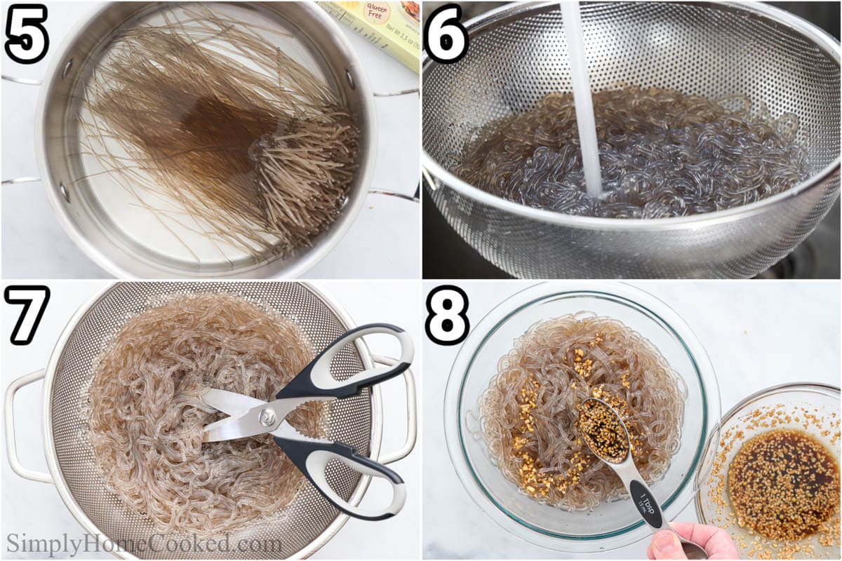 Steps to make Simple Japchae: cook the glass noodles, rinse them in cold water, cut them, and then add some of the seasoning.