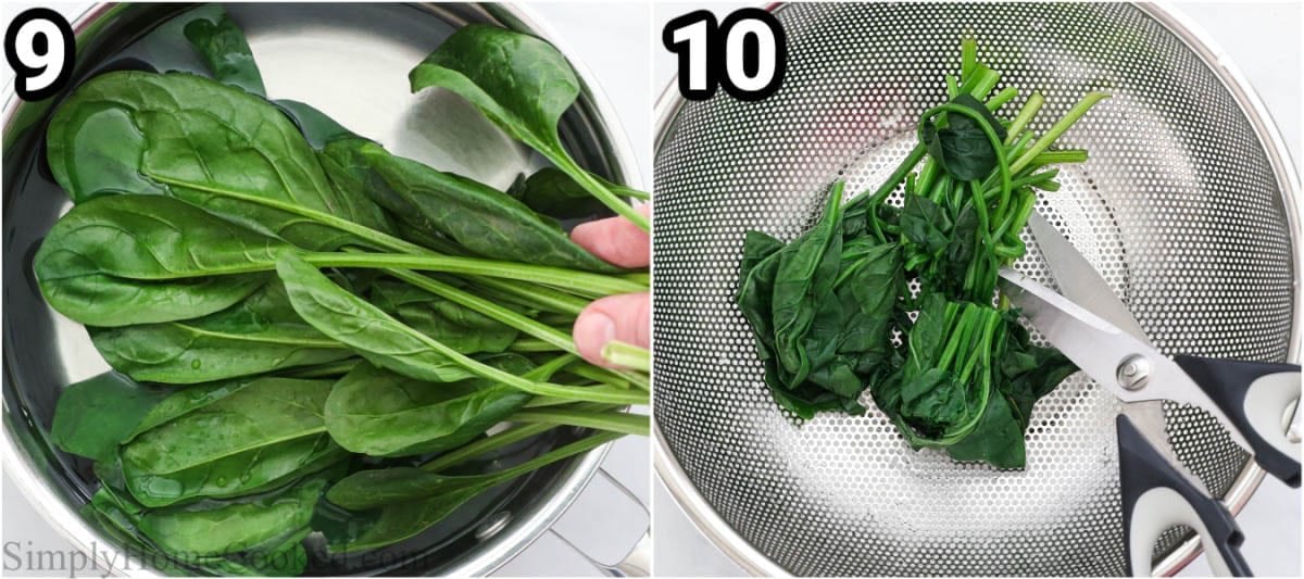 Steps to make Simple Japchae: blanch the spinach and then cut it into smaller pieces.